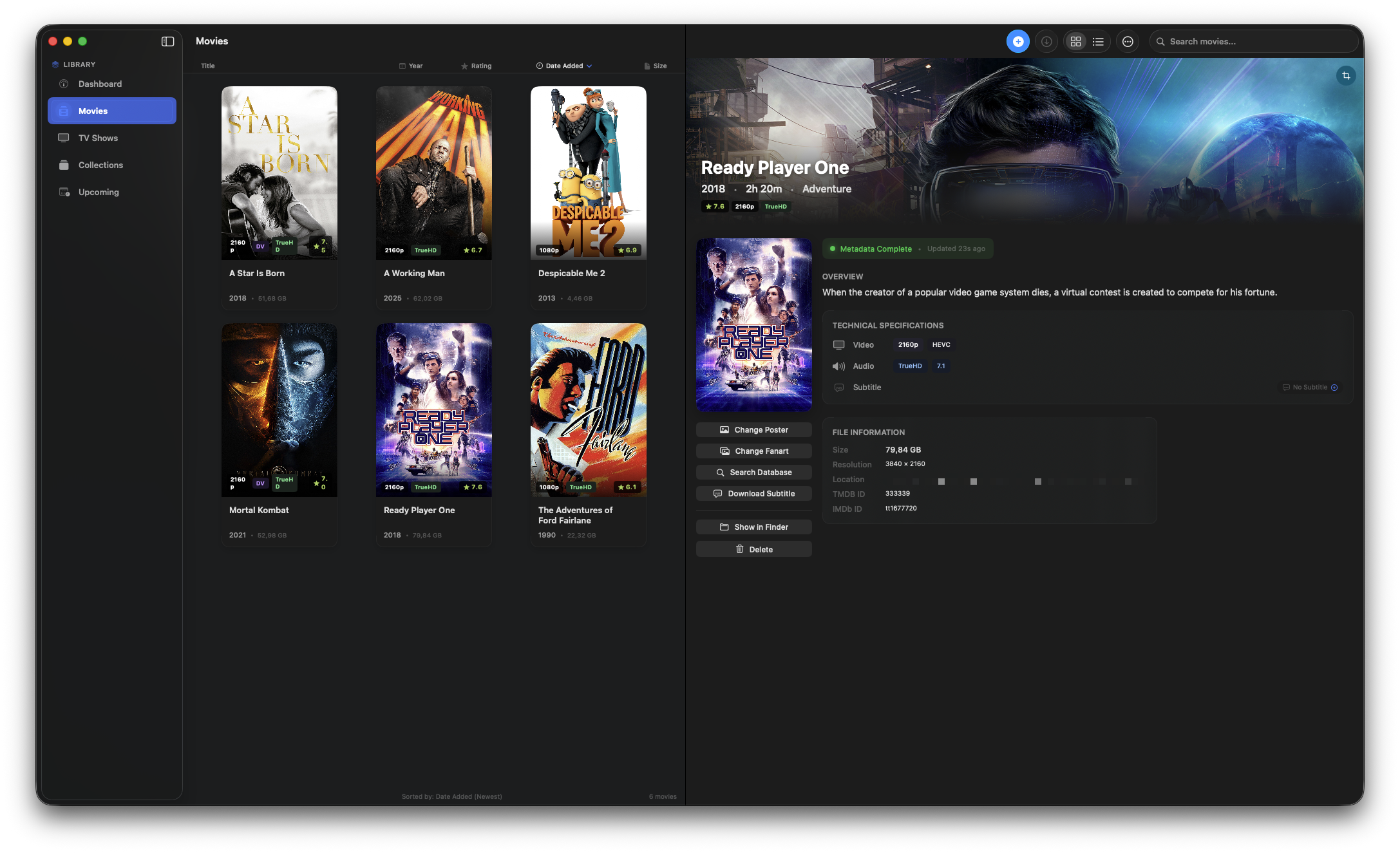 Movie detail view showing Ready Player One with metadata, synopsis, and poster grid
