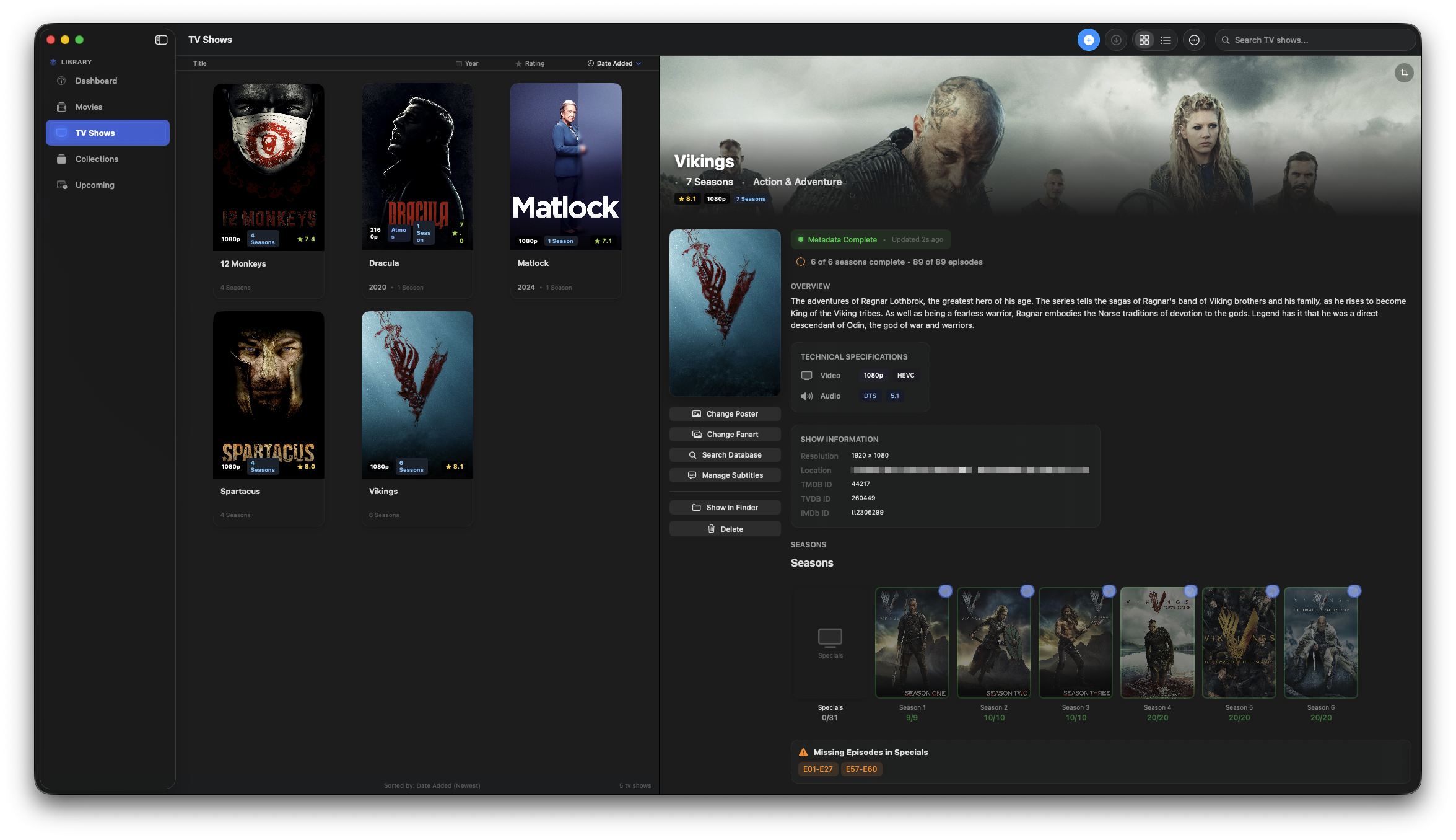 TV shows grid view with Vikings detail panel showing seasons and missing episodes